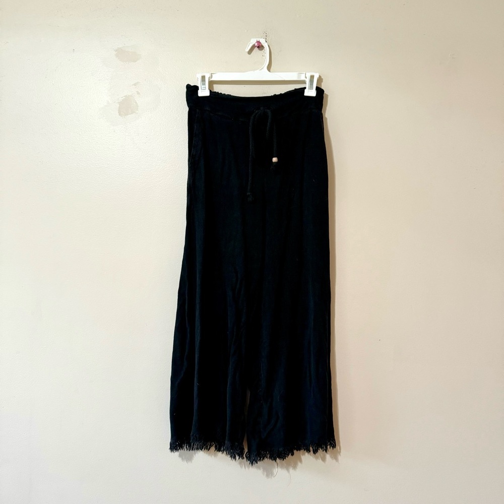Annabelle Black Pants Cropped Wide Leg Raw Hem Drawstring Medium